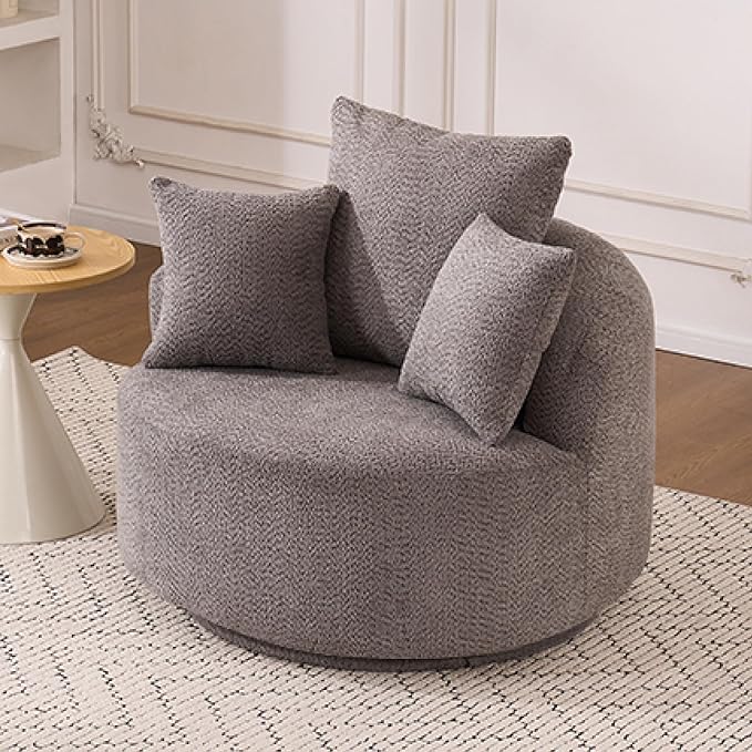 Yoglad 38.58'' Swivel Round Chair, Comfy Boucle 360° Accent Chair with Thick Cushion, Oversized Modern Single Sofa with 3 Pillows, Soft Armchair for Nursery, Living Room, Bedroom, Office (Grey)