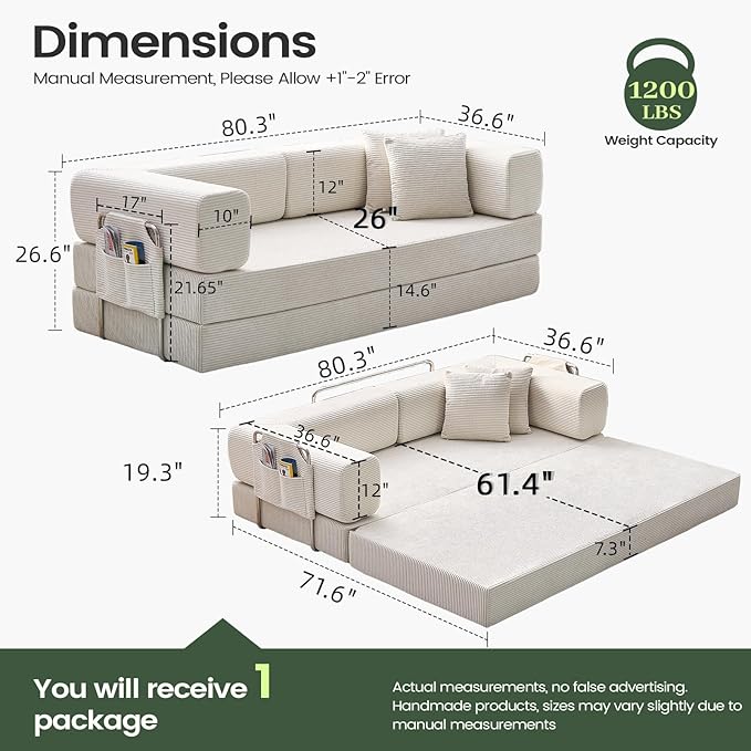 Multi-functionalcorduroy Sofa Bed, Crafted from Corduroy Fabric, is Ideal for Apartments and Living Rooms. Sleeper Sofa Couch Folding futon or Foldable Floor Convertible Floor Studio | Multi-functional