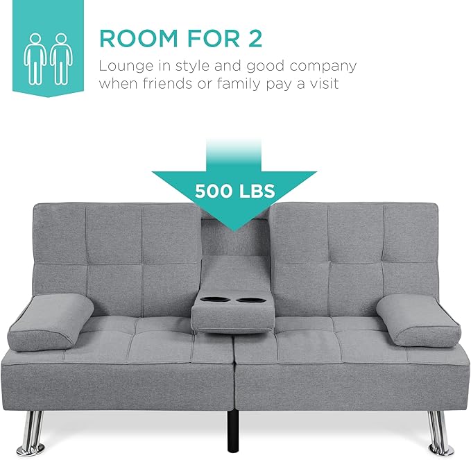 Best Choice Products Linen Modern Folding Futon, Reclining Sofa Bed for Apartment, Dorm w/Removable Armrests, 2 Cupholders - Gray