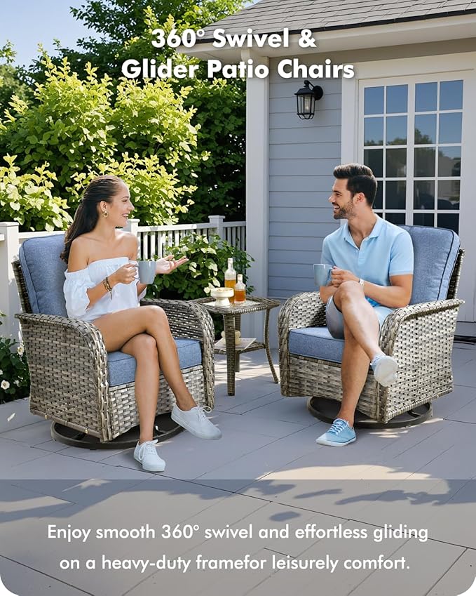 7-Piece Wicker Patio Furniture Set, All-Weather Rattan Conversation Bistro Loveseat Chair and Patio Rockers Set for Backyard, Balcony and Deck with Soft Cushions and Metal Table(Blue)