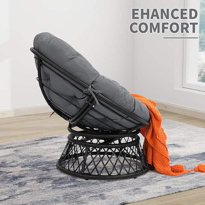 Kromax 40" Ergonomic Wicker Papasan Chair, 360° Swivel Round Egg Chair with Soft Thick Cushion, Indoor Outdoor Use for Living Room, Bedroom, Reading Room, Black Frame with Dark Grey Cushion