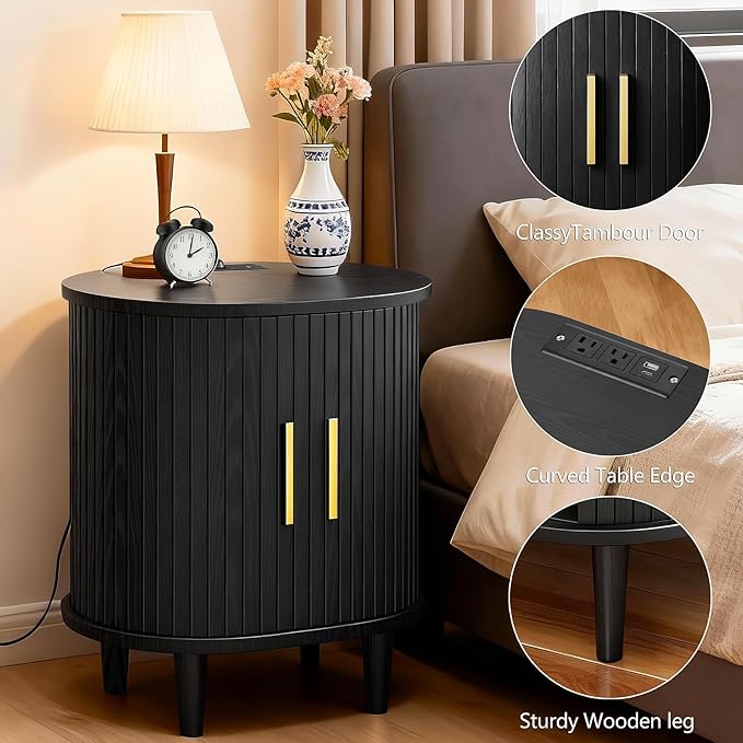 DHH Mid Century Modern Nightstand with Charging Station, Fluted Accent Side Table with Sliding Door & Adjustable Shelf, End Table for Small Space, Living Room, Bedroom,Sofa Couch (1, Black)