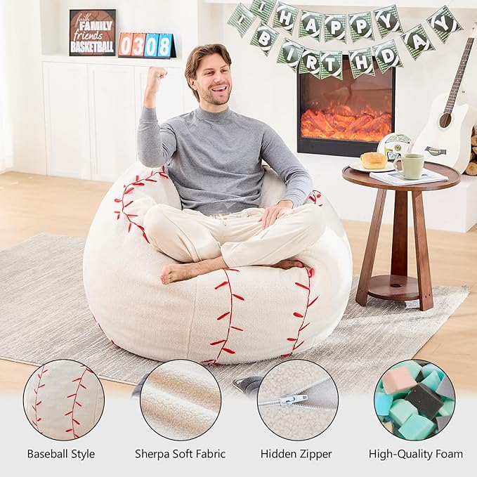 Sports Baseball Bean Bag Chair - Giant Bean Bag Chairs for Adults and Kids - Oversized Bean Bag Sofa Couch with Filler - Plush BeanBag Furniture for Living Room Bedroom Dorm Office - 44 Inch