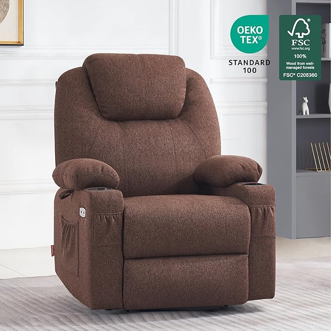 MCombo Power Lift Recliner Chair for Elderly, Lift Chair with Heat and Massage, FSC Certified, USB&Type C Ports, Cup Holders, Fabric 7040 (Medium,Coffee)