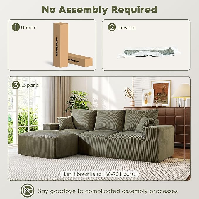 WESTSETLUX 108” Cloud Sectional Sofa Couch with High-Seat, Corduroy Modular Sofa with Oversized Chaise, High-Back Modern L-Shaped Couches for Living Room, No Assembly Required (Green)