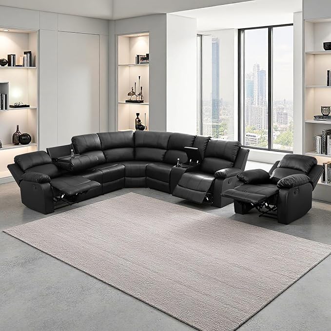 SIENWIEY Manual Leather Recliner Sectional Sofa for Living Room,L Shaped Reclining Sectional Corner Couch with Chair,Black Recliner Sofa Set with Storage Console/Drop Down Coffee Table/Cup Holders