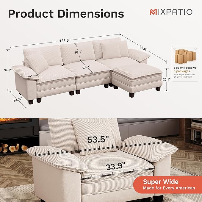 MIXPATIO 123-Inch L Shaped Sectional Sofa with Cloud Cushions, Deep Seat Modular Couch Set w/ 4 Seats & 1 Ottomans, Removable Arms, Plush Corduroy Upholstery for Living Room, Apartment - Beige