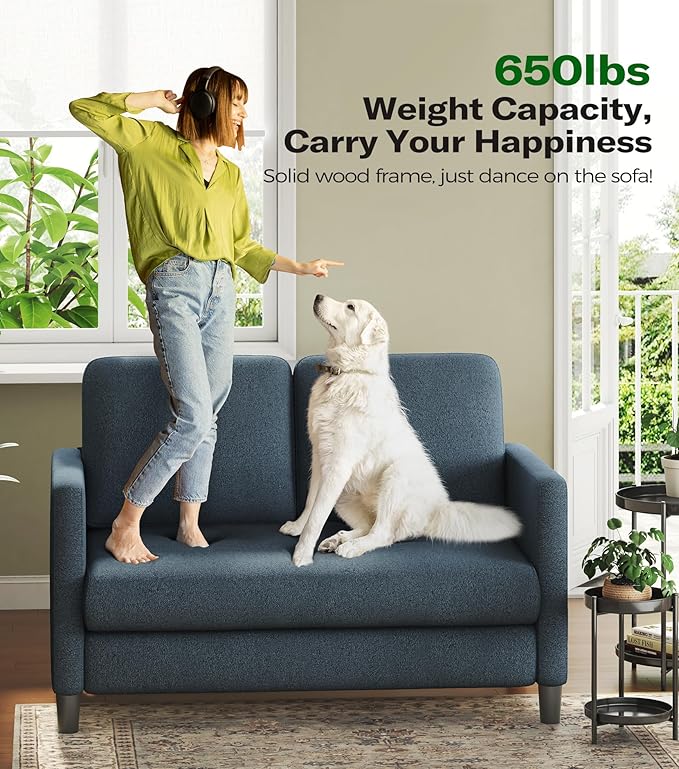 Loveseat Sofa, 51" Love Seat, Comfy Teddy Small Loveseat for Small Spaces, Tool-Free Setup Sofa Couch for Bedroom, All-Wood Couches for Living Room, No Pillow Included, Blue Grey