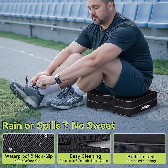 Relispo 3-in-1 Stadium Seat Cushion, Premium Memory Foam & High-Density Foam Bleacher Cushion, Anti-Slip Waterproof Portable Stadium Cushion for Bleachers, Sports Events, Camping