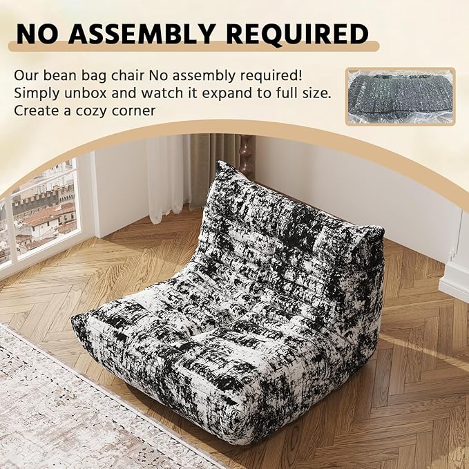 Bean Bag Chair, Fireside Chair, Large Bean Bag Chair for Adults, Bean Bag Chairs for Teens with High-Resilience Foam, Non-Slip Base Floor Lounge Sofa,Living Room (Cross White-Black, Single)