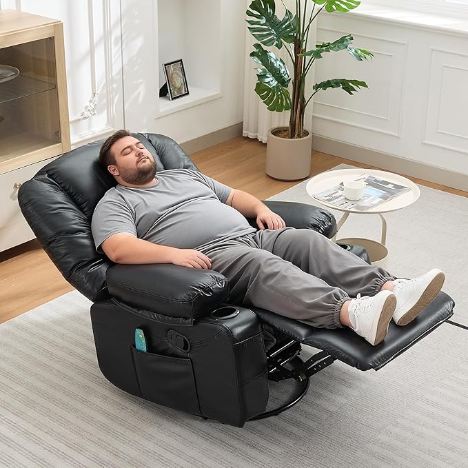 Rocker Recliner Chairs for Adults w/Vibration Massage and Heating,360° Swivel Rocker Glider Recliner,Extra Wide Manual Lazy Chair,PU Leather Overstuffed Soft Sofa Chair for Living Room,Bedroom,Black