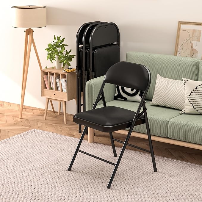 Folding Chairs with Padded Seats,Portable Foldable Chairs Seat with Steel Frame for Home and Office, Wedding Party Events, Black, Set of 4