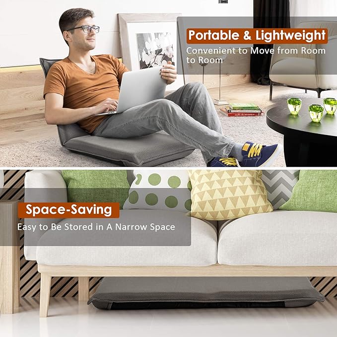 BestComfort Set of 2 Folding Floor Chair 6-Position Adjustable Meditation Chair Video Gaming Chair for Reading TV Watching, Portable Floor Seat Lounge Sofa Chair for Kids Teens Adult, Grey