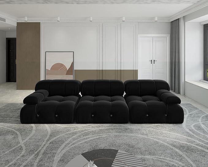 JACH Black Modular Sectional Sofa, 104" Minimalist Mid-Century Velvet Sofas, Comfy Deep Seat Convertible Sofa, Sectional Couch for Living Room, Apartment