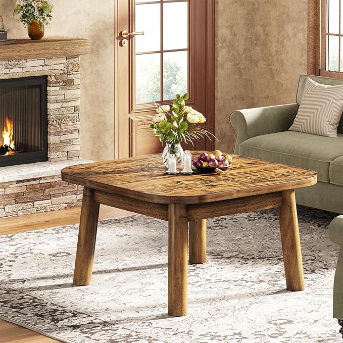 TRIBEWOOD Solid Wood Square Coffee Table, 31.5-Inch Farmhouse Center Table with Rounded Corners, for Living Room, Office, Apartment, Small Places, Easy Assembly, Rustic Brown