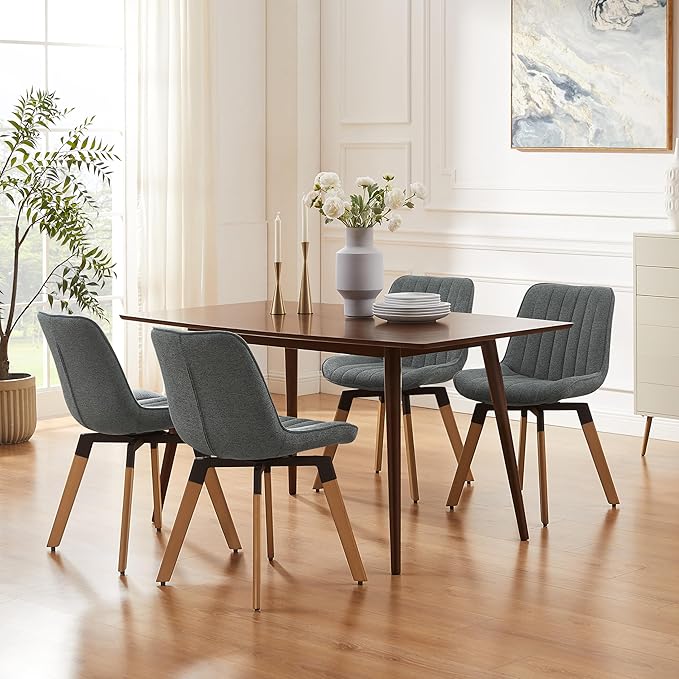 Art Leon Dining Chairs Set of 4, Mid Century Modern Swivel Dining Room Chairs, Fabric Upholstered Armless Side Chairs with Wood Legs for Kitchen Living Room Bedroom, Dark Gray