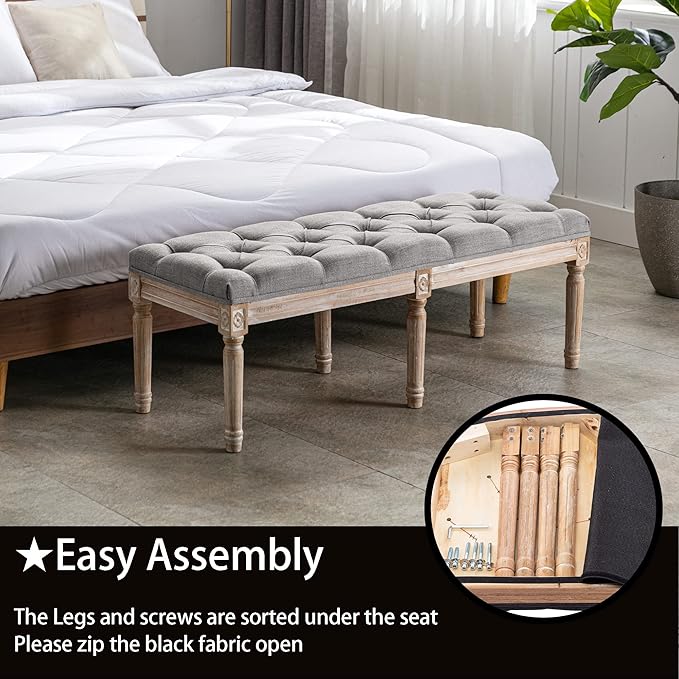 DM Furniture Farmhouse Dining Bench 48" Long Vintage Tufted Bench with Wood Legs Upholstered Entryway Bench Fabric End of Bed Bench for Bedroom Living Room Hallway, Grey