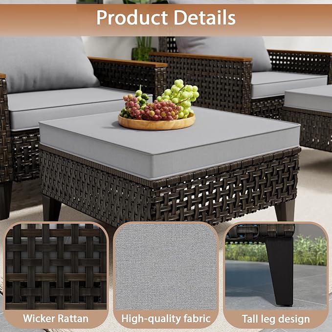 Xmkmvk 7 Piece Patio Sectional Sofa Furniture Set, All-Weather Wicker Rattan Outdoor Conversation Set with High Back and Thick Cushions, for Garden, Porch, Poolside, Gray