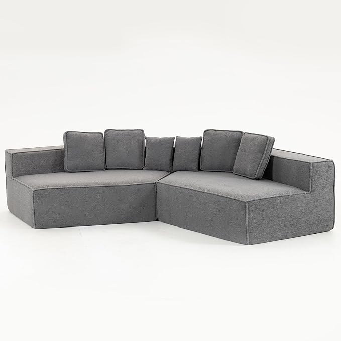 EPOFIT 132'' Oversized Teddy Fleece Modular 2-Seater Sofa, Compressed All-Foam Floor Couch with 6 Cushions, Low-Profile Cozy Sectional Sofa for Living Room & Apartment – Blue Gray