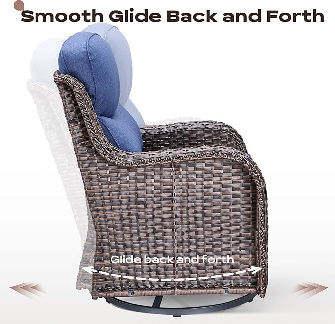 Rilyson Outdoor Swivel Rocker Chairs - All Weather Resistant Wicker Patio Furniture Set of 4 with High Back and 6 inch Thick Cushions for Deck Porch Yard and Poolside, Brown/Blue