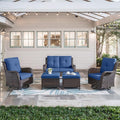Belord 5 Piece Outdoor Patio Furniture Set - Wicker Furniture Patio Conversation Set, Outdoor Swivel Rocker Chairs with Loveseat Sofa and 2 Ottomans for Small Space, Brown Wicker Blue Cushion