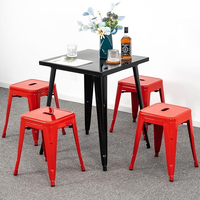 Brage Living 18 Inch Industrial Metal Stools Set of 4, Stackable Classroom Stools, Backless Metal Dining Chairs for Indoor Outdoor, Kitchen Short (Red)