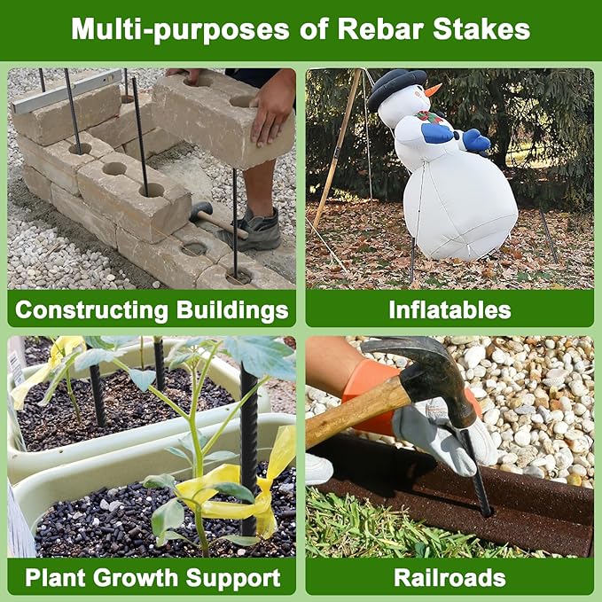 AAGUT Rebar Stakes 24 Inch 10 Pcs Landscape Timber Spikes 1/2", Heavy Duty Straight Garden Plant Stakes for Concrete Forming, Ground Anchors with Chisel Point End, Black
