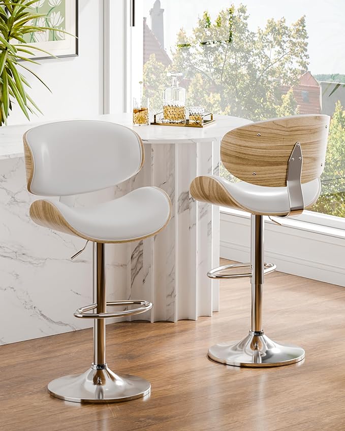 Aowos Bar Stools Set of 3, Adjustable Swivel Leather Bar Stools for Kitchen Island, Mid Century Modern Counter Height Bar Chairs Barstools with Back & Footrest (Cream White)