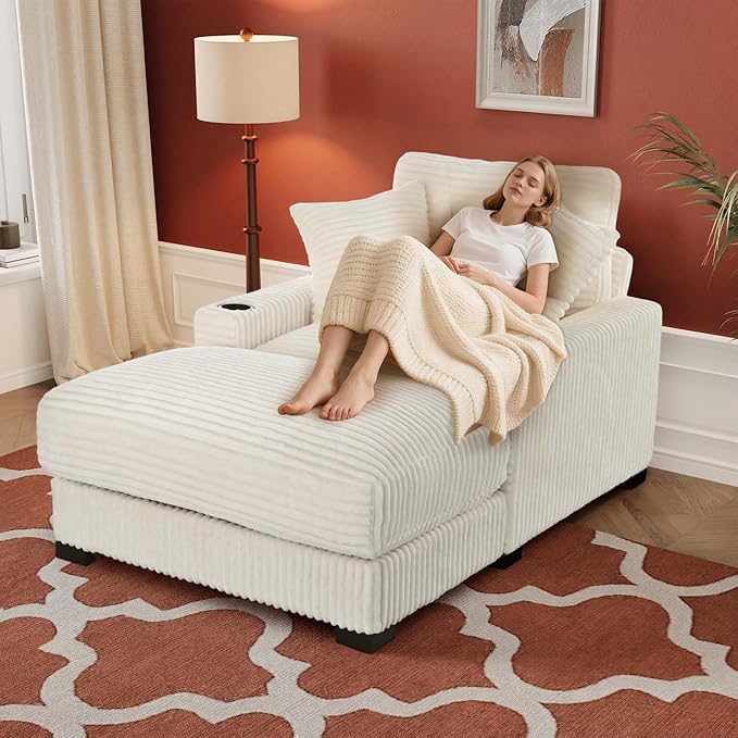 Oversized 60" Chaise Lounge Chair with Adjustable Backrest, Solid Wood Frame Corduroy Upholstery, Cup Holder USB & Type-C Port, 2 Pillows Sleeper Couch Deep Seat for Living Room, Bedroom, White