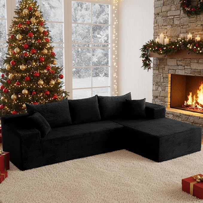 Sectional Cloud Boneless Couch for Living Room Bedroom, Comfy Modern L Shaped Modular Sofa with Right Chaise, Deep Seat Upholstered Memory Foam Couch in Box, No Assembly (Fine Striped Corduroy, Black)