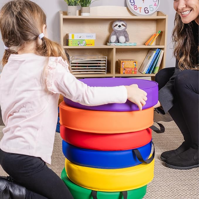 Schooled Cushioned Floor Seats - Set of 6 Round Spot Markers for Early Childhood Floor Time - Flexible Seating
