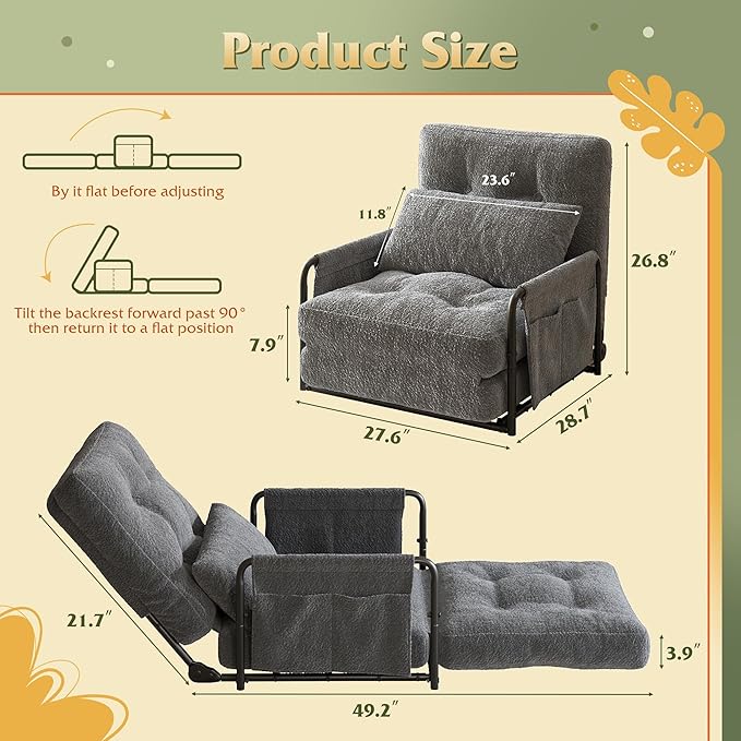 WLIVE Futon Sofa Bed Couch with Adjustable Backrest, Bean Bag Chairs for Adults, Floor Couch with Armrest, Pillow, Low Profile Floor Seating for Living Room, Reading, Bedroom, Single, Grey