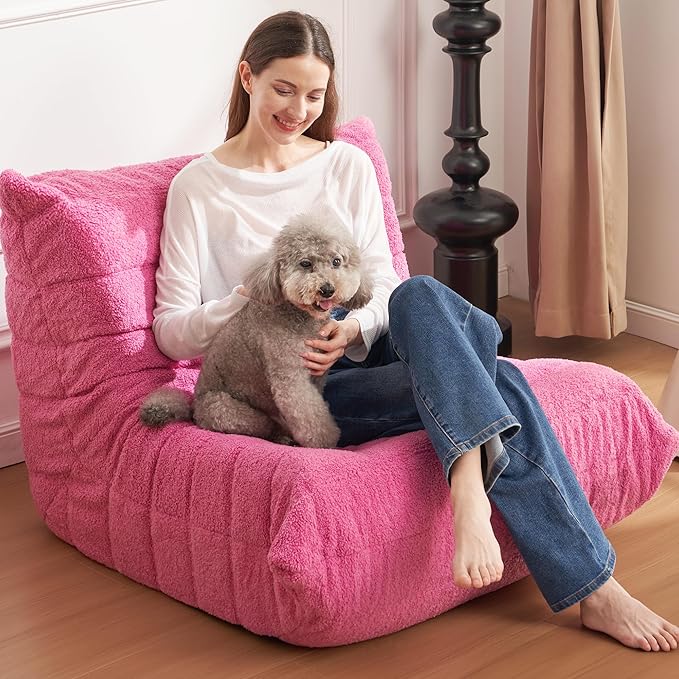 Bean Bag Chair Big Sofa Beanbag Chair for Adults Fireside Chair Bean Bag Lounger with Memory Foam Filled for Home,Apartment or Gaming Venue(DarkPink Teddy)