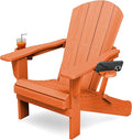 KINGYES Folding Adirondack Chair with Dual Cup Holders - HDPE All-Weather Outdoor Chairs, Wood-Like Patio Chair for Backyard, Camping, Pool & Fire Pit, Orange