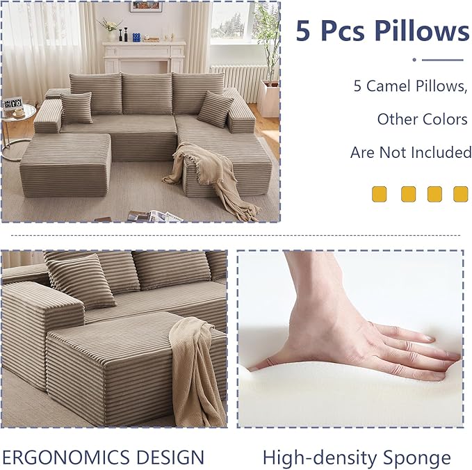107" W Cloud Sectional Couch with Ottoman,Modern U-Shaped Cloud Couch with Deep Seat,Comfy Corduroy 3-Seater Sofa,Memory Foam Sofa for Living Room,No Assembly (Camel,Right-Facing Chaise)