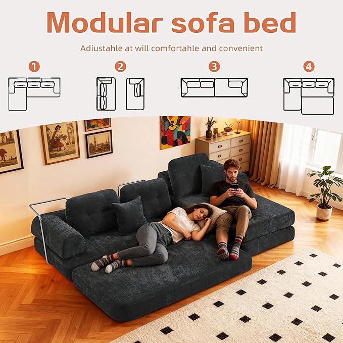 SUYOLS L Shaped 104" Modular Sectional Sofa Bed with Pillows, 8-in-1 Convertible Couch, Sturdy Stainless Steel Frame,Removable Washable Cover,High Resilience Sponge,for Living Room,Apartment,Dark Gray