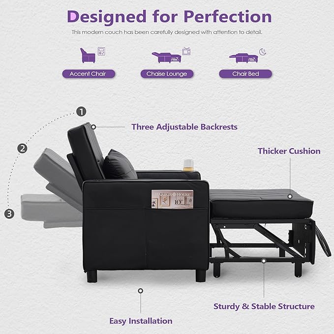 TYBOATLE Leather Convertible Sleeper Chair Bed for Adults, 3-in-1 Pull Out Sofa Chair Bed with USB/Type-C Ports, Cup Holders, Side Pockets, Single Sofa for Living Room, Office, Bedroom (Black)