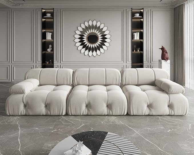 JACH Modular Sectional Couch, Modern Deep 3-Seat Couches, 104'' Minimalist Teddy Velvet Sectional Sofas, Convertible Sleeper Soft Sofa for Living Room Apartment (Beige)