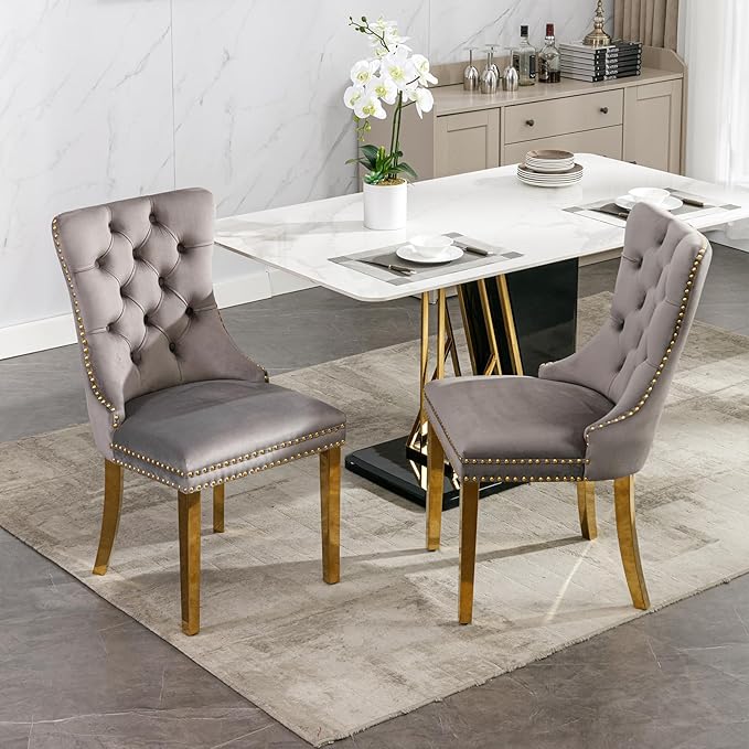 YeahFurn Mid Century Modern Dining Chairs Set of 6, Grey Velvet Upholstered Tufted Back, Kitchen & Dining Room Chairs, Gold Metal Legs, Nailhead Trim, Sillas para Comedor (Gray, 6 Pcs)