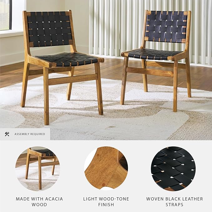 Signature Design by Ashley Fortmaine Modern Upholstered Armless Dining Chair with Open Back and Woven Leather Straps, Set of 2, Light Brown & Black