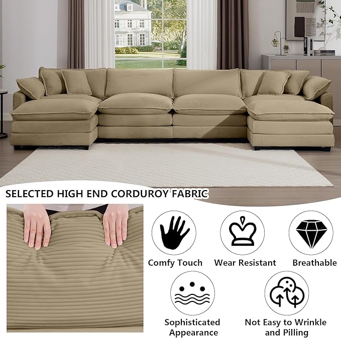 Aoowow Corduroy 4 Seater Couch with Ottomans,Modern Large Cloud Couches for Living Room,U Shaped Modular Sectional Cloud Sofas Deep Seat,U Shape Oversized Tufted Sofa Set (Tan, 4 Seater + 2 Ottoman)
