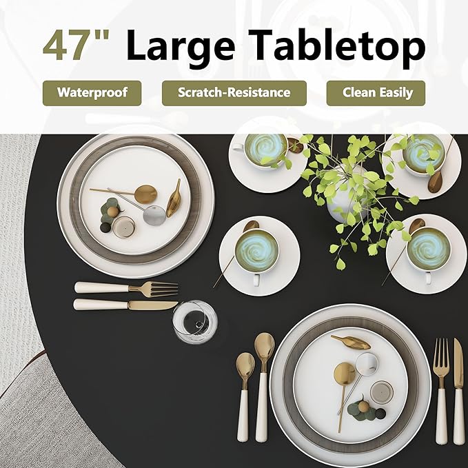 weselon 47 inch Round Dining Table for 4, Kitchen Table Dinner Table with 2-Layer Storage Shelf and Wood Slide Door for Home Dining Room Living Room (Black)
