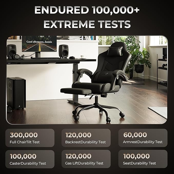 Gaming Chair with Footrest, Ergonomic 330lbs Leather Mesh Chair, Massage Lumbar Support, Adjustable Height & Headrest Pillow, Breathable Seat for Office, Home, Streaming, Long Gaming Sessions, Black