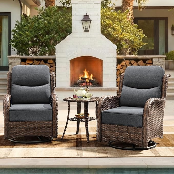 HILLGA Luxury Patio Furniture Set with 6-inch Thick Cushion, Outdoor High Back Swivel Rocker Patio Chairs, 3PCS Wicker Conversation Set for Deck Yard and Poolside, Dark Grey (V2)