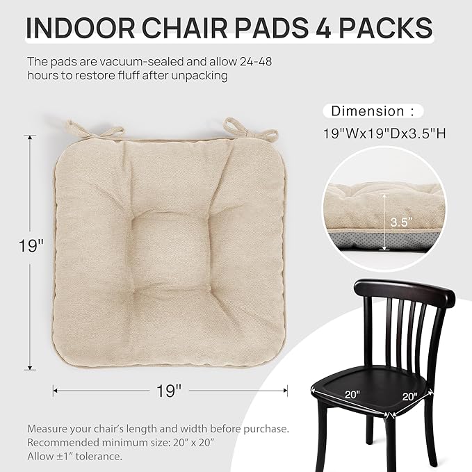 Love's cabin Memory Foam Chair Cushions Set of 4, Outdoor/Indoor Chair Pads for Dining Chairs 4 Pack, Seat Cushions for Kitchen, Dining Room, Office, Patio Chairs, 19"x19"x3.5" Khaki