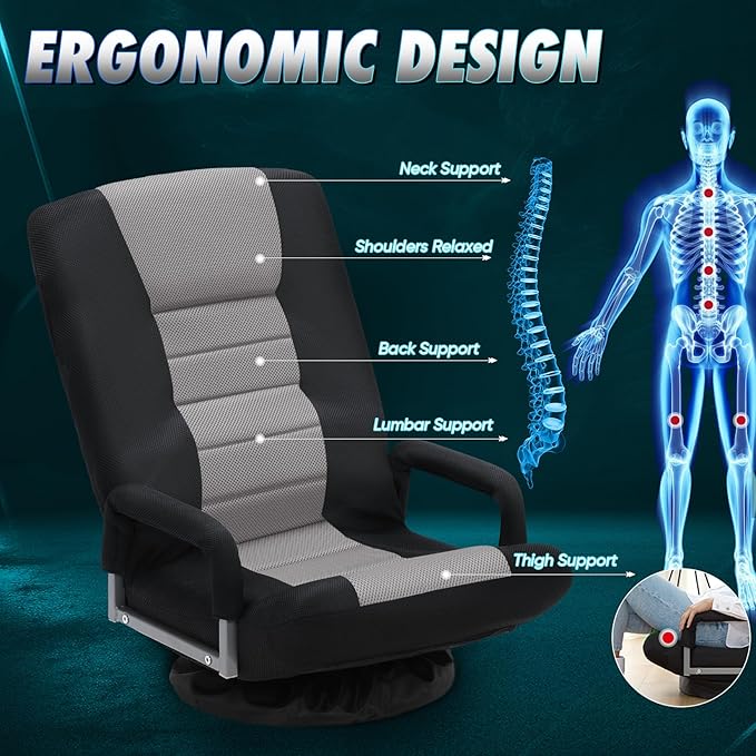 Swivel Gaming Chair 360 Degree Multipurpose 2PACK Floor Chair w/Armrest & 6 Adjustable Postions Backrest for Adults & Kids, for Reading, Gaming, Watching, Relaxing, Grey