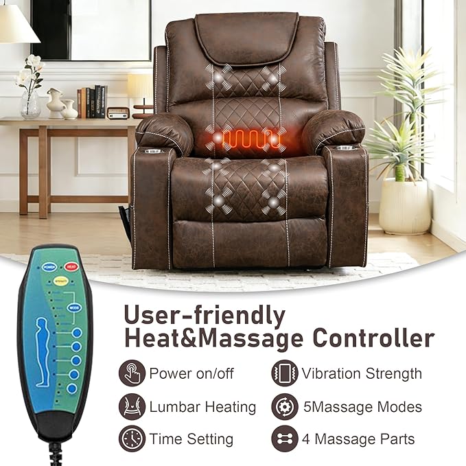 Oversized Power Lift Recliner Chair for Big and Tall 400 LBS, 25" Large Electirc Recliner Chair with Massage and Heating, 180° Lay Flat Zero Gravity Recliner Sofa, Leather, Coffee Brown