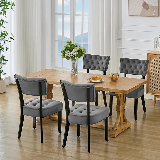 UVV Upholstered Dining Chairs Set of 4, Mid Century Modern Tufted Kitchen Chairs Dining Room Chairs, Velvet Dinner Chair with Wood Legs for Dining Room Kitchen, Dark Grey-Black Legs