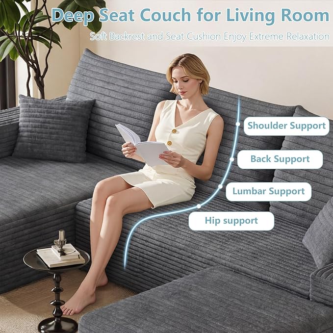 95" Cloud Sectional Couch with Ottoman,Modern U-Shaped Cloud Couch with Deep Seat,Comfy Corduroy 3-Seater Sofa,Memory Foam Sofa for Living Room,No Assembly (Dark Gray,Left-Facing Chaise)