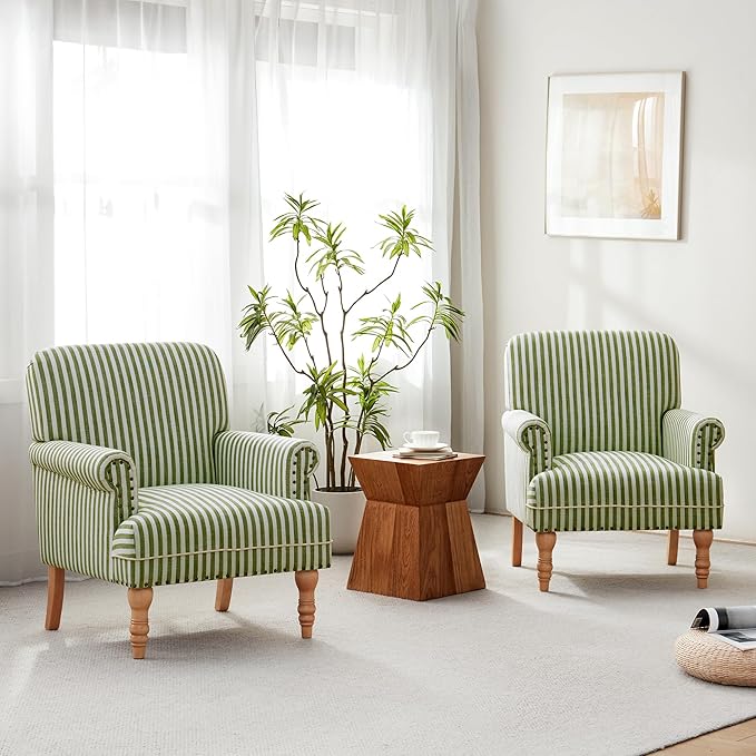 HUIMO Linen Fabric Accent Chair, Mid-Century Modern Armchair with Solid Wood Legs, Single Sofa Chair,Upholstered Reading Club Chair (2, Green and White Stripe)